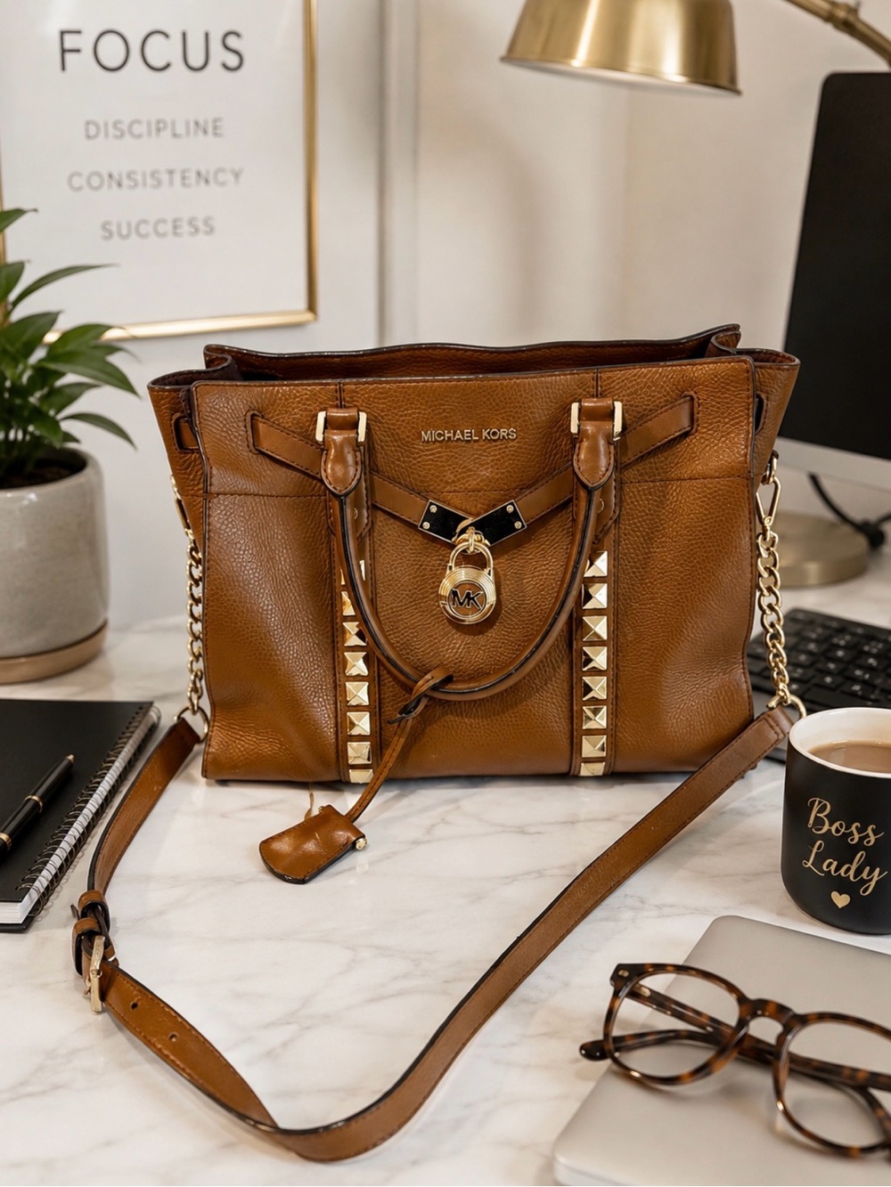 MICHAEL KORS NOUVEAU HAMILTON STUDDED SATCHEL CROSSBODY BAG BROWN LEATHER
